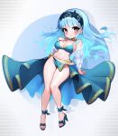  1girl aqua_bikini aqua_hair aqua_skirt bikini blue_footwear blue_hair blunt_bangs blush breasts colored_inner_hair commentary english_commentary eyelashes feet fire_emblem fire_emblem:_three_houses fire_emblem_heroes floating_hair full_body gold_trim hairband hand_up high_heels highres jaxdrawz large_breasts leaning_back legs looking_at_viewer marianne_von_edmund_(summer) multicolored_hair navel official_alternate_costume patterned_background purple_eyes sandals shiny_skin skirt solo swimsuit thighhighs thighs toenails toes 