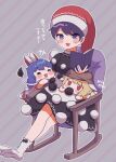  +++ 3girls :3 :d aged_down animal_ears blonde_hair blue_dress blue_hair breasts cabbie_hat chair child diagonal_stripes doremy_sweet dress full_body fumo_(doll) grey_background happy hat highres jitome looking_at_viewer mg_mg multiple_girls nightcap outline purple_eyes purple_hair rabbit_ears rabbit_tail ringo_(touhou) rocking_chair seiran_(touhou) simple_background sitting small_breasts smile stella_(pokopokobanana) striped tail tapir_tail touhou translation_request white_outline 