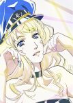 1girl bare_shoulders birthday black_choker black_tube_top blonde_hair blue_eyes blue_headwear choker collarbone commentary_request dated earrings facial_mark glint hands_up hat heart heart_facial_mark highres holding jewelry lips long_hair looking_at_viewer macross macross_frontier marufuji_hirotaka military_hat official_alternate_costume parted_lips pink_nails sheryl_nome signature single_earring solo strapless thick_eyebrows tube_top upper_body 