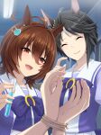  2girls ^_^ agnes_tachyon_(umamusume) ahoge animal_ears black_hair blurry blurry_background bound bound_wrists bow bowtie brown_eyes brown_hair closed_eyes commentary_request empty_eyes facing_viewer fuji_kiseki_(umamusume) furrowed_brow grey_hair hair_between_eyes hand_up height_difference highres horse_ears huge_ahoge indoors long_bangs looking_at_viewer loveloveknight medium_hair meme multicolored_hair multiple_girls nervous nervous_smile nine_years_in_a_coma_(meme) open_mouth parted_lips pov pov_hands rope sailor_collar school_uniform shirt smile tracen_school_uniform two-tone_hair umamusume upper_body 