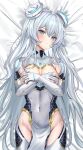  1girl absurdres blue_eyes breasts breasts_out cleavage counter:side covered_navel covering covering_breasts embarrassed gloves groin hair_ornament highres hip_vent honeycomb_(pattern) horizon_(counter:side) loincloth long_hair looking_at_viewer lying mayo_9_5 medium_breasts on_back robot_girl solo white_gloves white_hair 
