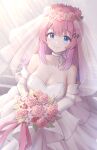  1girl absurdres bare_shoulders blue_eyes bouquet bow breasts bridal_veil bride chaconne_(kxxx_s8) choker dress elbow_gloves flower gloves gradient_hair hair_bow hair_ornament hairclip head_wreath highres holding holding_bouquet kuramochi_meruto large_breasts long_hair looking_at_viewer multicolored_hair nijisanji pink_bow pink_flower pink_hair pink_rose purple_hair ribbon_choker rose smile solo stairs strapless strapless_dress triangle_hair_ornament veil virtual_youtuber wedding_dress white_choker white_dress white_gloves 