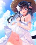  1girl animal_ear_fluff animal_ears bare_shoulders black_hair blue_sky bow bow_panties breasts brown_headwear cameltoe cat_ears cat_girl cat_tail clothes_lift clothes_pull cloud cloudy_sky commentary_request cowboy_shot day dress dress_lift dress_pull fang flower hair_between_eyes hair_flower hair_ornament hat highres lifted_by_self light_blush long_hair looking_at_viewer multicolored_hair mutou_mato nipples open_mouth original outdoors panties pink_flower pink_panties round_teeth sky small_breasts solo straw_hat tail teeth tongue tongue_out two-tone_hair underwear very_long_hair white_dress white_hair 
