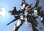  artist_name assault_visor blue_background firing gun highres holding holding_gun holding_weapon looking_to_the_side mecha muv-luv muv-luv_alternative ootsuka_ken open_hand robot sketch tactical_surface_fighter type_97_fubuki weapon 