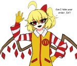  1girl ahoge blonde_hair cosplay embodiment_of_scarlet_devil english_text fang flandre_scarlet gloves hand_on_own_hip highres mcdonald&#039;s open_mouth red_eyes ribbon ronald_mcdonald ronald_mcdonald_(cosplay) sakamuotoo short_hair side_ponytail simple_background smile solo striped striped_sleeves touhou upper_body waving white_background wings 