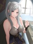  1girl absurdres bare_shoulders belt belt_buckle blush breasts brown_belt brown_eyes buckle cleavage commentary_request fire_emblem fire_emblem_awakening grey_shirt highres indoors large_breasts long_hair looking_at_viewer parted_lips peli_cantaro robin_(female)_(fire_emblem) robin_(fire_emblem) shirt sleeveless sleeveless_shirt solo sunlight swept_bangs table twintails white_hair window 