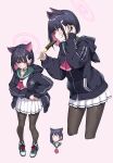  1girl animal_ears black_hair black_hoodie black_pantyhose blue_archive blush cat_ears chocolate_banana colored_inner_hair commentary_request cropped_legs cropped_torso extra_ears full_body hair_tucking halo highres hood hooded_jacket hoodie jacket kazusa_(blue_archive) looking_at_viewer multicolored_hair multiple_views neckerchief pantyhose pink_eyes pink_hair pleated_skirt profile red_neckerchief school_uniform serafuku shoes simple_background skirt sneakers sweatdrop takayaki two-tone_hair white_serafuku 