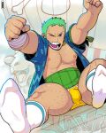  1boy alternate_body_hair bara bare_pectorals bulge chest_hair feet feet_out_of_frame foreshortening from_above green_hair highres large_pectorals leg_hair long_sideburns male_focus muscular muscular_male nipples official_alternate_costume one_eye_closed one_piece open_clothes open_shirt outstretched_arms pectorals roronoa_zoro short_hair sideburns socks solo spread_legs thick_thighs thighs toraboi white_socks 
