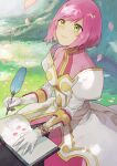  1girl bob_cut book dress estellise_sidos_heurassein falling_petals gloves green_eyes holding holding_quill lirio_(nikori9) open_book outdoors petals pink_hair quill short_hair smile solo tales_of_(series) tales_of_vesperia tree white_dress white_gloves 
