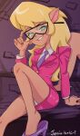  2022 anthro blonde_hair callie_briggs clothing domestic_cat eyewear felid feline felis female footwear fur glasses green_eyes grin hair hanna-barbera hi_res high_heels jessie-katcat_(artist) looking_at_viewer mammal necktie panties panty_shot shoe_dangle sitting sitting_on_desk smile solo swat_kats tan_body tan_fur underwear 