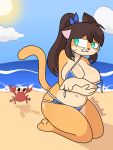  anthro areola areola_slip arthropod beach belly bikini breasts clothing covering covering_self crab crouching crustacean decapoda domestic_cat drcreamsoul exposed felid feline felis female female_anthro fur green_eyes hi_res malacostracan mammal marine nana_(whooo-ya) navel orange_body orange_fur outside public public_exposure seaside solo swimwear tail wardrobe_malfunction whiskers whooo-ya 