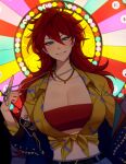  1girl absurdres amagi_rinne belt blue_eyes breasts brown_belt casino cleavage crop_top denim earrings ensemble_stars! genderswap genderswap_(mtf) highres jacket jeans jewelry large_breasts long_hair looking_at_viewer lummy_yummy necklace pants red_hair red_shirt shirt smile solo teeth yellow_jacket 