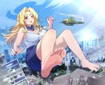  1girl aircraft bare_shoulders barefoot blonde_hair blue_nails blue_skirt blue_sky blush breasts building city cleavage convenient_leg day dutch_angle eyelashes feet floating_hair foot_focus foreshortening giant giantess grey_eyes hair_intakes hand_up helicopter high-waist_skirt highres honshiro_nikori impossible_clothes impossible_shirt knees_up large_breasts legs long_hair miniskirt mole mole_under_eye nail_polish name_tag office_lady on_ground open_mouth original parted_bangs shirt sidelocks sitting skirt sky sleeveless sleeveless_shirt soles solo teeth toenail_polish toenails toes 