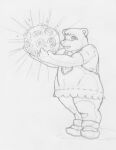  2008 anthro bear clothed clothing danellz female footwear glowing mammal monochrome open_mouth overalls rock shirt shoes sketch solo topwear traditional_media_(artwork) young 