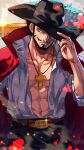  1boy abs beard belt black_hair coat cross cross_necklace dracule_mihawk facial_hair hand_on_headwear hat hat_feather highres jewelry latin_cross male_focus muscular muscular_male mustache necklace one_eye_covered one_piece open_clothes open_shirt pseudonoir red_coat ringed_eyes shirt short_hair solo toned white_shirt yellow_eyes 