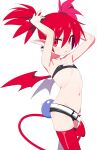  1girl absurdres demon_girl demon_tail demon_wings disgaea earrings etna_(disgaea) flat_chest full_body hair_ornament highres jewelry jiryu50610218 looking_at_viewer makai_senki_disgaea medium_hair pointy_ears prinny red_eyes red_hair red_thighhighs red_wings simple_background skindentation skull_earrings solo stomach tail thighhighs twintails white_background wings 