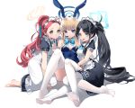  3girls absurdres animal_ears apron aris_(blue_archive) aris_(maid)_(blue_archive) black_dress black_hair blonde_hair blue_archive blue_bow blue_eyes blue_leotard bow bowtie breasts dress fake_animal_ears forehead frilled_apron frills halo highres leotard long_hair looking_at_viewer maid maid_apron maid_headdress medium_breasts multiple_girls official_alternate_costume open_mouth playboy_bunny pomegranate_nana ponytail puffy_short_sleeves puffy_sleeves rabbit_ears red_hair short_sleeves thighhighs toki_(blue_archive) toki_(bunny)_(blue_archive) very_long_hair white_apron white_background white_thighhighs yuzu_(blue_archive) yuzu_(maid)_(blue_archive) 