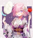  1girl absurdres blush candy_apple commentary_request cotton_candy fate/grand_order fate_(series) flower food hair_flower hair_ornament hair_over_one_eye harukappa highres holding holding_food japanese_clothes kimono looking_at_viewer mash_kyrielight obi one_eye_covered pink_hair pink_kimono purple_eyes sash short_hair solo wide_sleeves yukata 