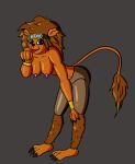  anthro bandai_namco bent_over bent_over_with_legs_held_straight bottomwear bracelet breasts brown_body brown_eyes brown_fur brown_hair butt claws clothing crossgender digimon digimon_(species) ear_piercing eyewear eyewear_on_head female fur gender_transformation goggles goggles_on_head hair hand_lick hand_on_knee hand_on_leg jewelry leomon nipples pants piercing plantigrade quattrosayla shirtless takato_matsuki tongue transformation 