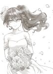  1girl bouquet breasts cleavage collarbone commentary_request dress flower greyscale hair_between_eyes hair_flower hair_ornament holding holding_bouquet kimura_pikoriino medium_breasts monochrome off-shoulder_dress off_shoulder original petals ponytail rose signature smile solo 