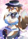  1girl :p animal_ears arm_support black_headwear black_pants blue_eyes blue_shirt blue_shorts breasts chaps cleavage closed_mouth collared_shirt commentary_request crop_top denim denim_shorts fringe_trim front-tie_top fur-trimmed_shorts fur_trim furry furry_female kou_hiyoyo large_breasts light_brown_hair long_hair navel original pants petals plaid plaid_shirt shirt short_shorts shorts sleeveless sleeveless_shirt smile solo tail tongue tongue_out 