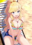  1girl absurdres anfang0301 bare_shoulders beach_chair bikini blonde_hair blue_eyes blush bracelet breasts cleavage collarbone denim denim_shorts front-tie_bikini_top front-tie_top groin highres idolmaster idolmaster_cinderella_girls jewelry long_hair medium_breasts multicolored_bikini multicolored_clothes navel necklace ohtsuki_yui open_mouth ponytail rainbow_bikini shorts side-tie_bikini_bottom smile solo striped striped_bikini swimsuit thighs wavy_hair 