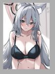  1girl animal_ear_fluff animal_ears arm_support black_bra blue_archive blush border bow bow_bra bra breasts cleavage collarbone grey_border grey_eyes grey_hair hair_between_eyes halo lace-trimmed_bra lace_trim large_breasts long_hair looking_at_viewer marisasu_(marisa0904) navel shiroko_(blue_archive) shiroko_terror_(blue_archive) solo underwear upper_body very_long_hair 