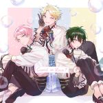  3boys absurdres black_flower black_gloves blonde_hair blue_eyes bubble closed_mouth commentary_request earrings ensemble_stars! flower fragrance_(ensemble_stars!) frills gloves green_hair hair_between_eyes hand_up highres itsuki_shu jewelry kagehira_mika knee_up knees_up multicolored_background multiple_boys narukami_arashi open_mouth pink_hair purple_hair short_bangs short_hair sitting smile star_(symbol) teeth v valkyrie_(ensemble_stars!) wednesday_108 winking_(animated) yellow_eyes 