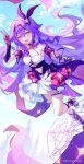  1girl :d absurdres artist_name bare_shoulders blue_sky breasts chinese_commentary chinese_text cloud cloudy_sky commentary_request dress gloves hair_between_eyes hair_ornament hairband highres honkai_(series) honkai_impact_3rd long_hair looking_at_viewer open_mouth purple_gloves purple_hair sirin sirin_(miracle_magical_girl) sky smile solo symbol-shaped_pupils v very_long_hair watermark white_dress white_paper_is_not_paper yellow_eyes 
