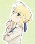  1girl ahoge artoria_pendragon_(fate) blonde_hair blue_ribbon blush collared_shirt fate/stay_night fate_(series) finger_to_own_chin green_background green_eyes hair_bun hair_ribbon highres long_sleeves looking_at_viewer neck_ribbon ribbon saber shirt sidelocks sketch solo sweatdrop tenoo12 thinking upper_body 