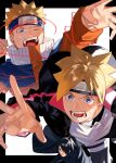  3boys black_border black_hair black_jacket black_pants blonde_hair blue_eyes border boruto:_naruto_next_generations facial_mark hair_over_one_eye highres jacket jewelry male_focus mirin_(coene65) multiple_boys naruto naruto_(series) necklace one_eye_closed open_mouth orange_jacket pants reaching shirt string teeth uchiha_sasuke uzumaki_boruto uzumaki_naruto whisker_markings white_shirt 