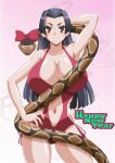  1girl alternate_breast_size arm_behind_head arm_up armpits bare_arms bare_shoulders black_hair bow breasts casual_one-piece_swimsuit cleavage closed_mouth commentary_request ekaterina_(railgun) feet_out_of_frame firewarstorm gradient_background hand_on_own_hip happy_new_year highres huge_breasts kongou_mitsuko light_blush long_hair looking_at_viewer navel one-piece_swimsuit pink_background python red_bow red_one-piece_swimsuit smile snake solo standing stomach swimsuit toaru_kagaku_no_railgun toaru_majutsu_no_index v-shaped_eyebrows white_background 