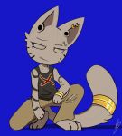  accessory anthro bottomwear clothing domestic_cat felid feline felis furgonomics hi_res jewelry male mammal pants piercing ring shirt simple_background solo tail tail_accessory tail_jewelry tail_ring topwear wolfaroonii 