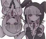  1girl animal_hood black_headwear black_leotard blush breasts buttons cleavage danganronpa_(series) danganronpa_2:_goodbye_despair flipped_hair grey_headwear grey_leotard hair_ornament highres hood leotard looking_at_viewer medium_breasts medium_hair multiple_views nanami_chiaki neck_ribbon parted_lips pink_ribbon rabbit_hood ribbon simple_background two-tone_leotard u_donburi upper_body white_background 