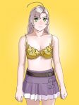  1girl antenna_hair belt bra breasts cleavage gradient_background green_eyes grey_hair highres kantai_collection kinugasa_(kancolle) kinugasa_kai_ni_(kancolle) medium_breasts ojipon purple_skirt skirt solo standing underwear yellow_background yellow_bra 