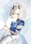  1girl armband black_horns blue_archive blue_dress braid closed_mouth dress frills hat highres horns light_blush looking_at_viewer ming_pampam nurse_cap sena_(blue_archive) short_hair short_sleeves simple_background sketch solo upper_body white_background white_hair white_headwear yellow_eyes 
