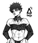  1boy abs artist_name bandeau commentary_request commission delta_art detached_collar detached_sleeves eyeshadow hands_on_own_hips highres makeup male_focus navel original otoko_no_ko panties short_hair signature solo spanish_commentary underwear 