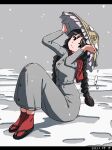  1girl ajirogasa black_hair braid buttons dated dress full_body grey_dress hat long_hair long_sleeves red_eyes red_socks shishi_osamu sitting socks solo touhou twin_braids yatadera_narumi 