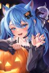  1girl absurdres animal_ear_fluff animal_ears black_bow black_choker black_shirt black_skirt blue_eyes blue_hair bow cat_ears choker fangs ghost hair_bow highres hololive hoshimachi_suisei jack-o&#039;-lantern looking_at_viewer nail_polish open_mouth pumpkin purple_nails shirt shouhaku0512 skirt star_(symbol) star_in_eye symbol_in_eye virtual_youtuber 