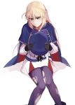  1girl absurdres ahoge artoria_caster_(fate) artoria_caster_(second_ascension)_(fate) artoria_pendragon_(fate) belt beret black_gloves black_ribbon blue_belt blue_cloak blue_headwear blush bow cloak collared_shirt fate/grand_order fate_(series) gloves gold_trim green_eyes hair_between_eyes hat highres holding long_hair long_sleeves pantyhose purple_bow purple_footwear purple_pantyhose ribbon shirt sitting skirt sweat teeth torn_clothes torn_pantyhose twintails white_background white_shirt white_skirt yamano_udumi 