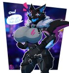  2023 absurd_res anthro belt big_breasts black_body black_fur blush blush_lines breasts canid canine canis dialogue epic_games female fortnite fur hi_res huge_breasts looking_at_viewer mammal motion_lines multicolored_eyes open_mouth pack_leader_highwire signature smile solo speech_bubble standing text thegentlebro thick_thighs wide_hips wolf 