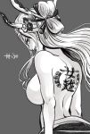  1girl artist_name back_tattoo black_maria_(one_piece) breasts facing_away greyscale hair_ornament highres horns large_breasts long_hair looking_at_viewer looking_back misokkasu monochrome one_piece simple_background solo tattoo topless upper_body 