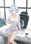  blue_eyes blue_hair chair coffee_mug cup da_(datako) dress furina_(genshin_impact) genshin_impact highres letter lingerie looking_at_viewer mug office_chair plant potted_plant pulling see-through see-through_dress signature sitting sitting_on_table smile swivel_chair table underwear undressing water_drop window 