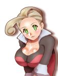  1girl alexa_(pokemon) breasts brown_hair cleavage collarbone collared_shirt earrings green_eyes jewelry large_breasts lowres multicolored_hair pokemon pokemon_(game) pokemon_xy shirt short_sleeves streaked_hair zakimura_mai 
