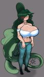  animal_humanoid big_breasts blush breasts cleavage clothed clothing female green_hair green_tail hair hair_over_eye hi_res huge_breasts humanoid joeydrawss marine marine_humanoid one_eye_obstructed solo tail 