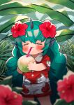  1girl blush closed_eyes cloud_print collared_shirt drinking drinking_straw flower green_hair hair_flower hair_ornament highres holding horns kariyushi_shirt komano_aunn long_hair open_mouth red_flower red_shirt shirt short_sleeves shorts single_horn solo thick_eyebrows touhou uchisaki_himari white_shorts 