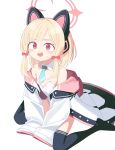  1girl :3 animal_ear_headphones animal_ears aqua_necktie arm_support black_thighhighs blonde_hair blue_archive blush bow cat_ear_headphones coat commentary detached_collar dot_nose fake_animal_ears flat_chest hair_bow halo headphones highres hooded_coat leotard long_sleeves looking_at_viewer mabera momoi_(blue_archive) necktie no_shoes on_floor open_mouth oversized_clothes red_bow red_eyes short_hair simple_background sitting sleeves_past_fingers sleeves_past_wrists solo sweat thighhighs thighs wariza white_background white_coat white_leotard 