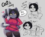  &lt;3 4_fingers ada_wong_(resident_evil) anthro big_breasts black_body black_eyeshadow black_fur black_hair black_nose breasts brown_thigh_boots capcom claws clothed clothing digital_media_(artwork) domestic_cat english_text eyelashes eyeshadow felid feline felis female fingers fur gun hair half-closed_eyes hand_on_hip handgun hi_res holding_gun holding_handgun holding_object holding_pistol holding_weapon makeup mammal monochrome narrowed_eyes onigiri_punch open_mouth open_smile pistol pupils ranged_weapon red_clothing red_sweater red_topwear resident_evil simple_background slit_pupils smile solo speech_bubble standing sweater tail text topwear weapon 