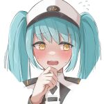  1girl blue_hair blush embarrassed goddess_of_victory:_nikke ha hands_on_own_chin hands_on_own_face hat jacket long_hair military military_hat military_uniform open_mouth peaked_cap privaty_(nikke) solo twintails uniazi_mikan uniform very_long_hair wavy_mouth white_headwear white_jacket yellow_eyes 