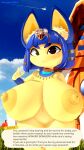  3d_(artwork) absurd_res animal_crossing ankha_(animal_crossing) anthro areola big_breasts black_eyes blue_hair breasts digital_media_(artwork) domestic_cat english_text exclamation_point felid feline felis female frown gesture hair hi_res huge_breasts leviantan581re looking_at_viewer mammal nintendo nipples nude pointing pointing_at_viewer solo text yellow_areola yellow_body yellow_nipples 